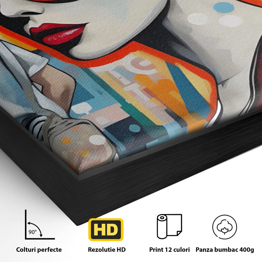 Detaliu al suprafetei: tablou canvas cu portret stilizat de femeie, in rama de aluminiu negru